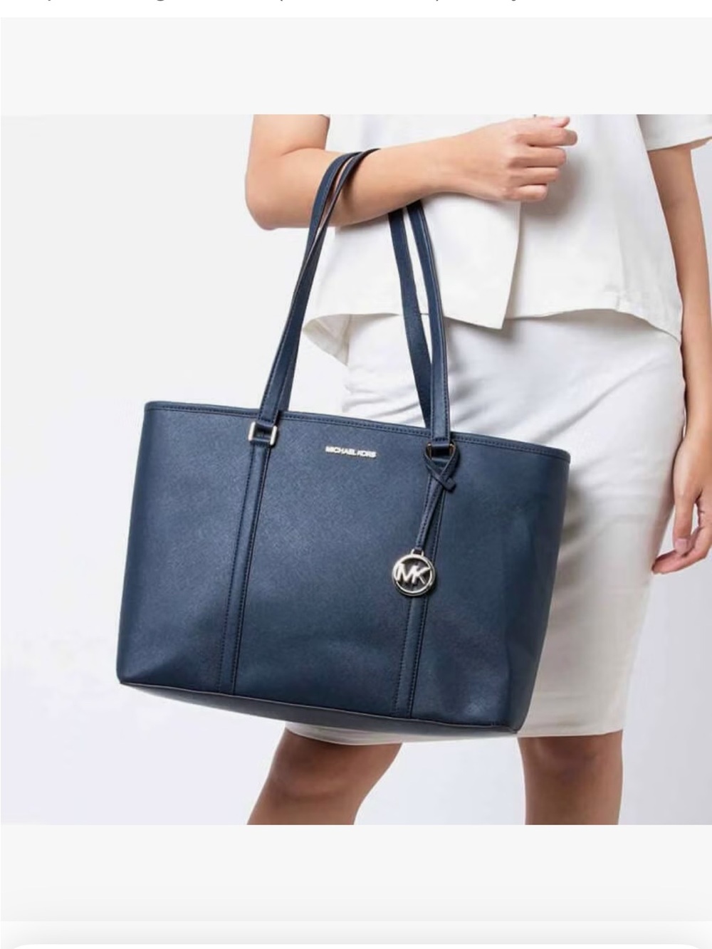 Michael Kors Navy Leather Tote with Signature MK Charm